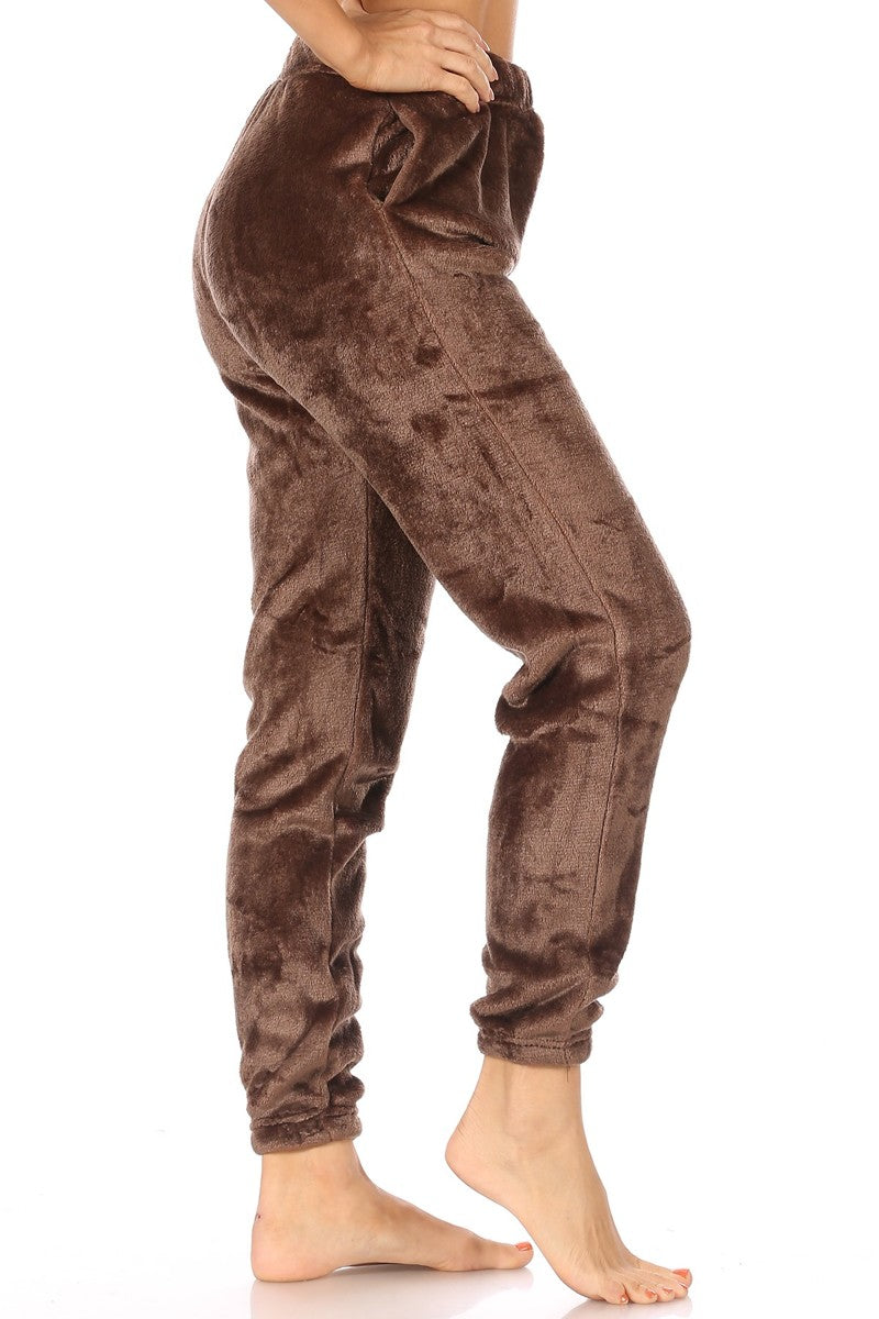 Wholesale Womens Double Side Plush Fur Joggers Sweatpants - Chocolate Brown