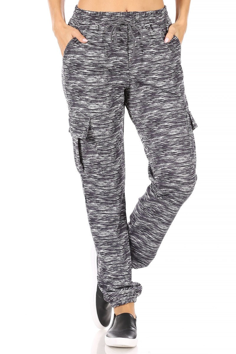 Wholesale Womens Fleece Lined Cargo Sweatpants - Grey & White Space Dye