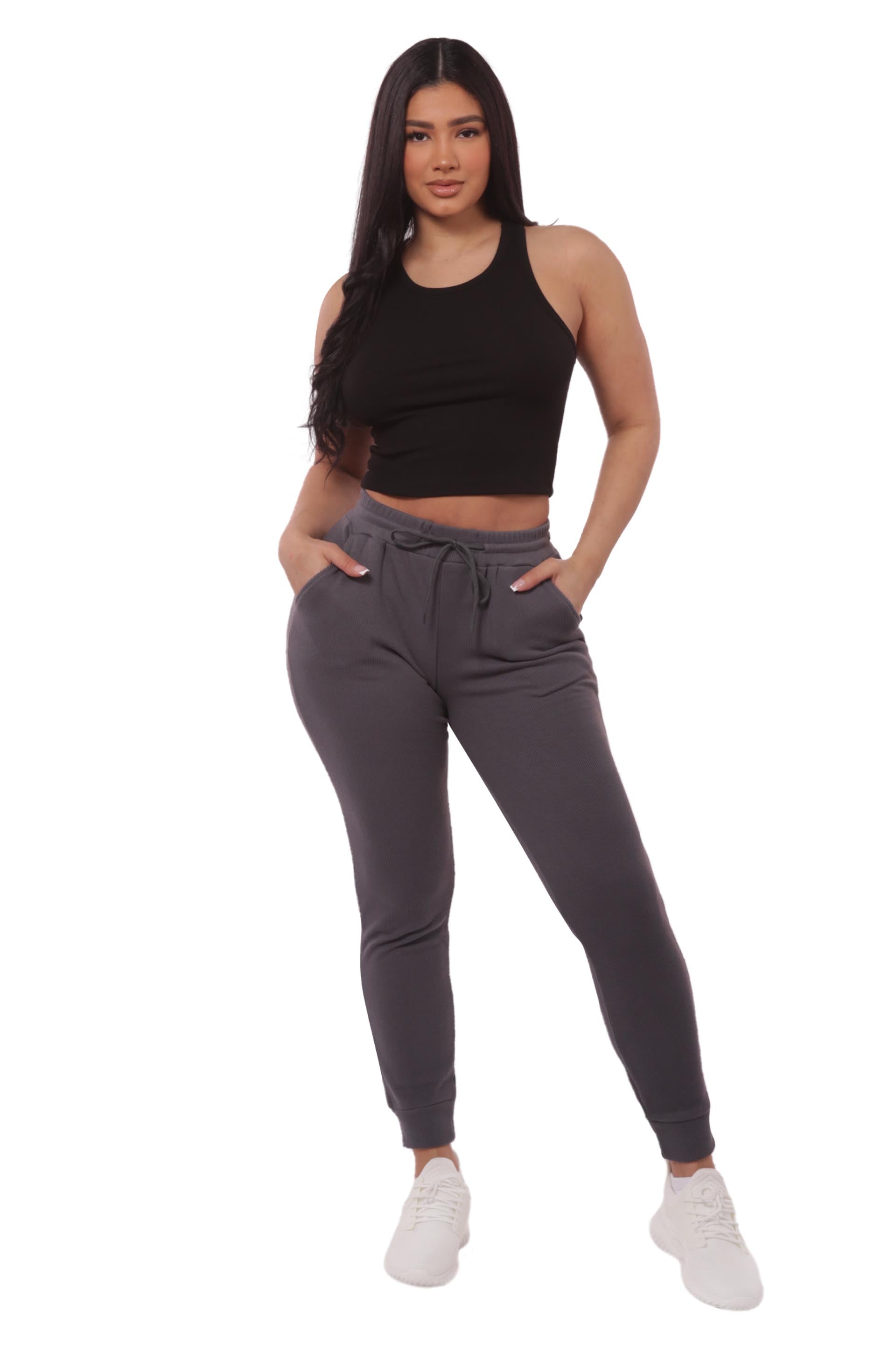 Wholesale Womens Fleece Lined Waffle Jogger Sweatpants - Charcoal