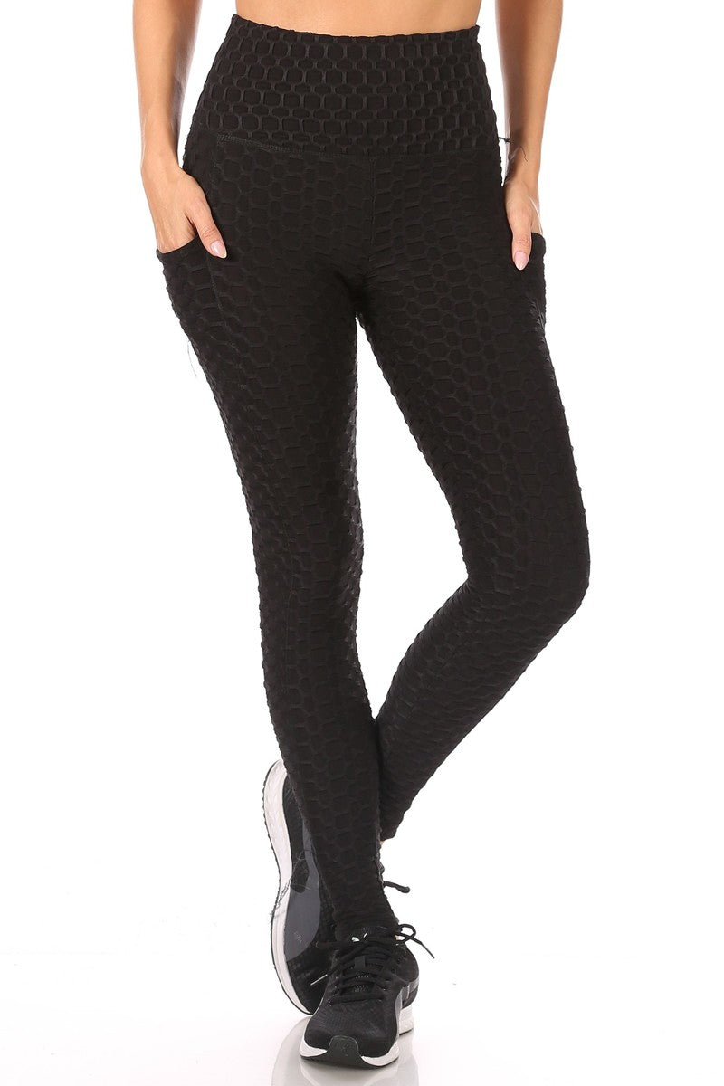 Wholesale Womens High Waist Honeycomb Textured Sports Leggings With Pockets - Black