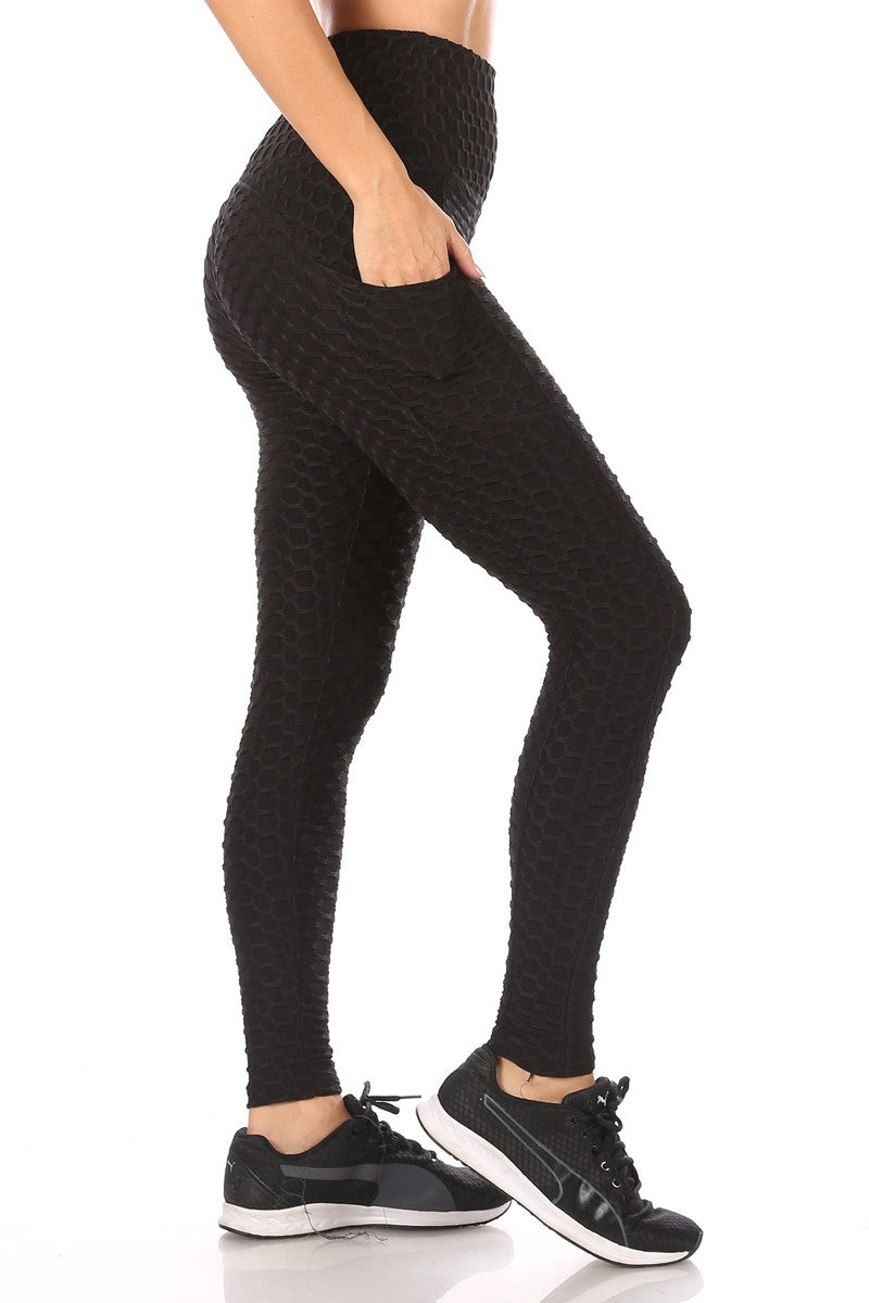 Wholesale Womens High Waist Honeycomb Textured Sports Leggings With Pockets - Black