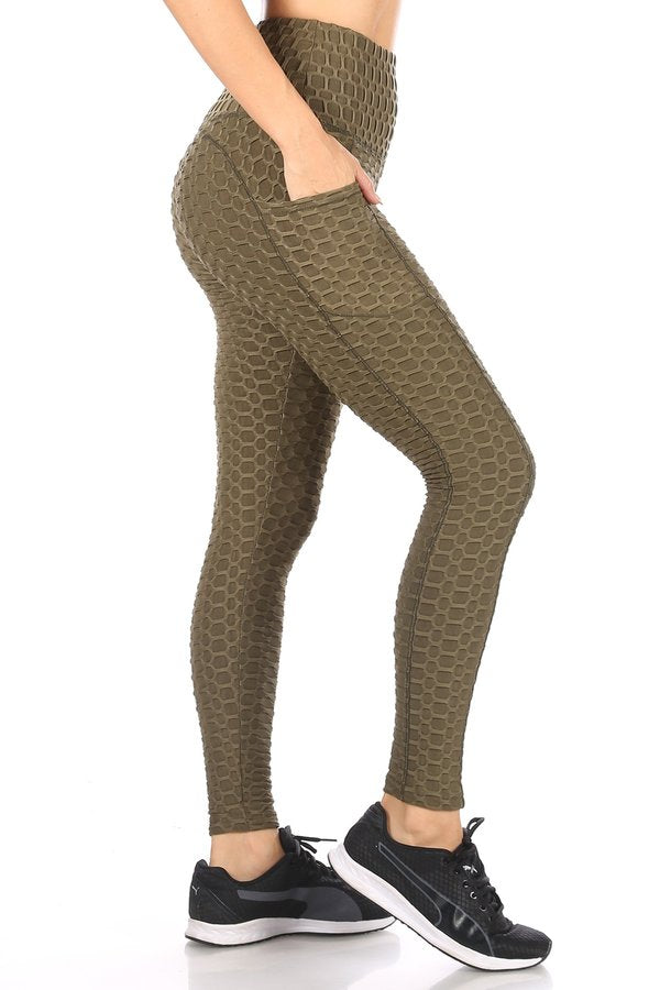 Wholesale Womens High Waist Honeycomb Textured Sports Leggings With Pockets - Dark Olive