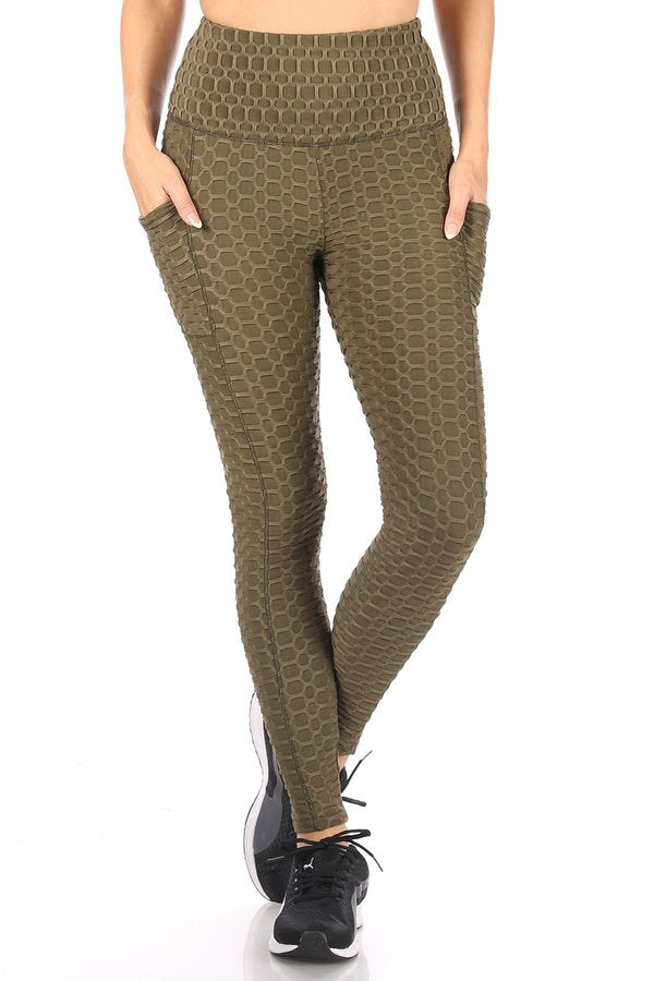 Wholesale Womens High Waist Honeycomb Textured Sports Leggings With Pockets - Dark Olive