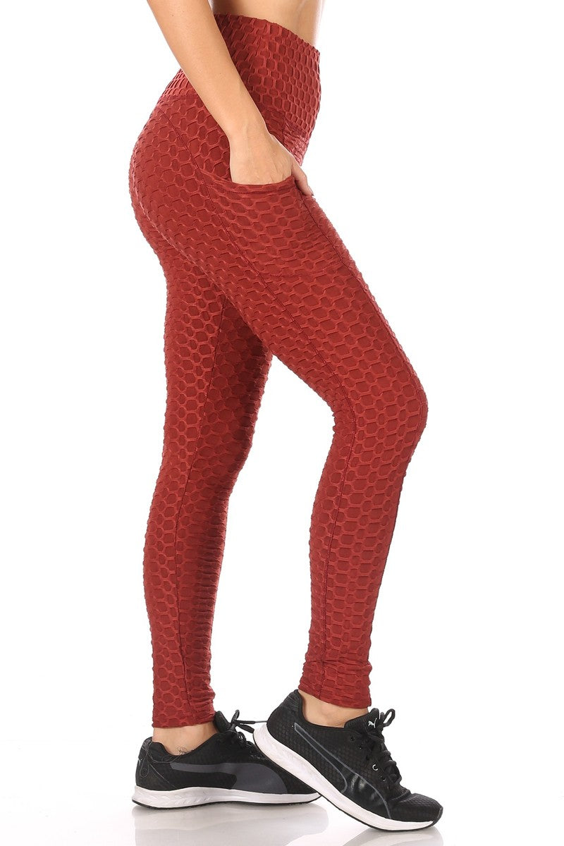 Wholesale Womens High Waist Honeycomb Textured Sports Leggings With Pockets - Firebrick