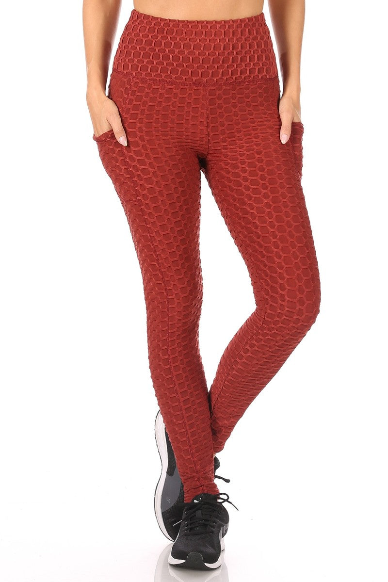 Wholesale Womens High Waist Honeycomb Textured Sports Leggings With Pockets - Firebrick