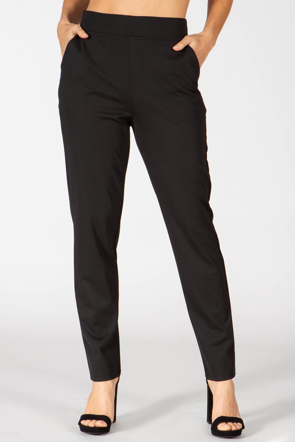 Wholesale Womens High Waist Lightweight Ponte Pull On Pants With Pockets - Black