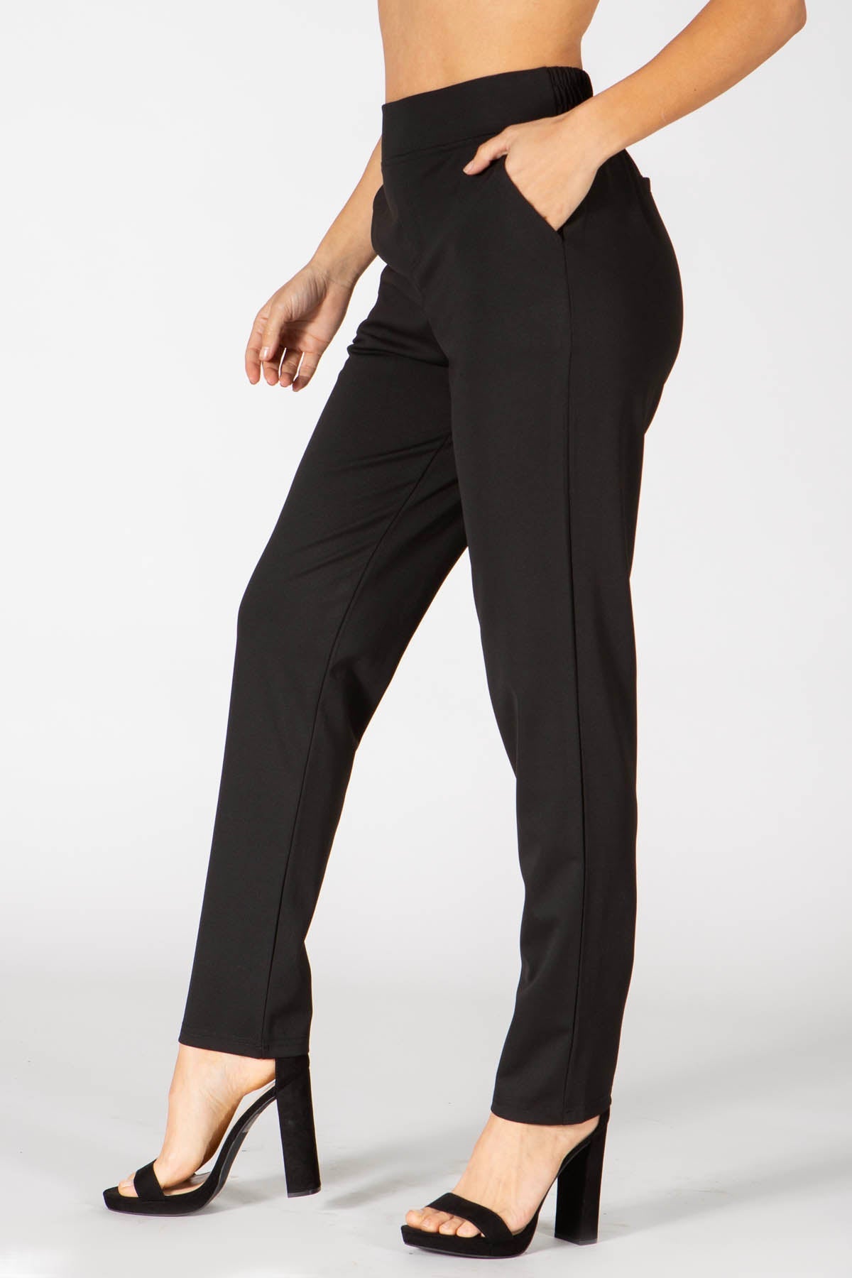 Wholesale Womens High Waist Lightweight Ponte Pull On Pants With Pockets - Black