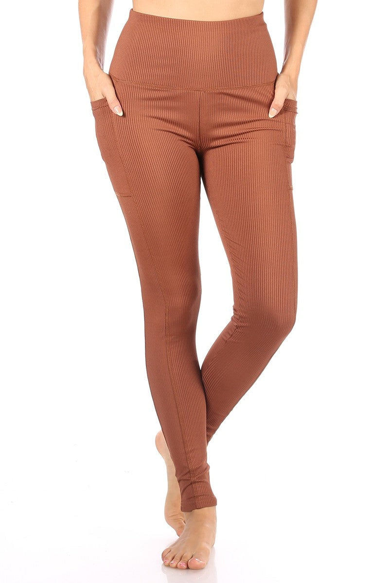 Wholesale Womens High Waist Rib Knit Leggings With Side Pockets - Camel Brown