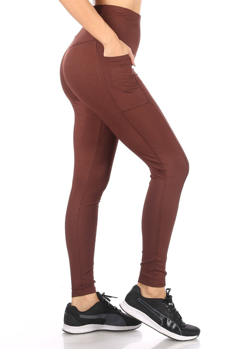 Wholesale Womens High Waist Rib Knit Leggings With Side Pockets - Chocolate Brown