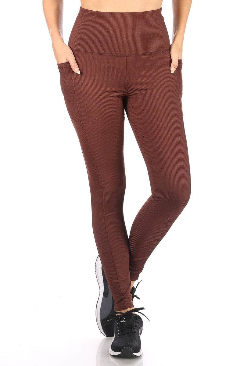 Wholesale Womens High Waist Rib Knit Leggings With Side Pockets - Chocolate Brown