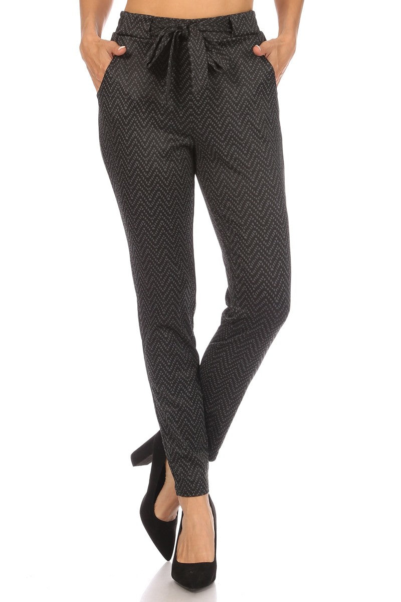 Wholesale Womens High Waist Slim Fit Pants With Waist Tie & Pockets - Black & Gray Chevron