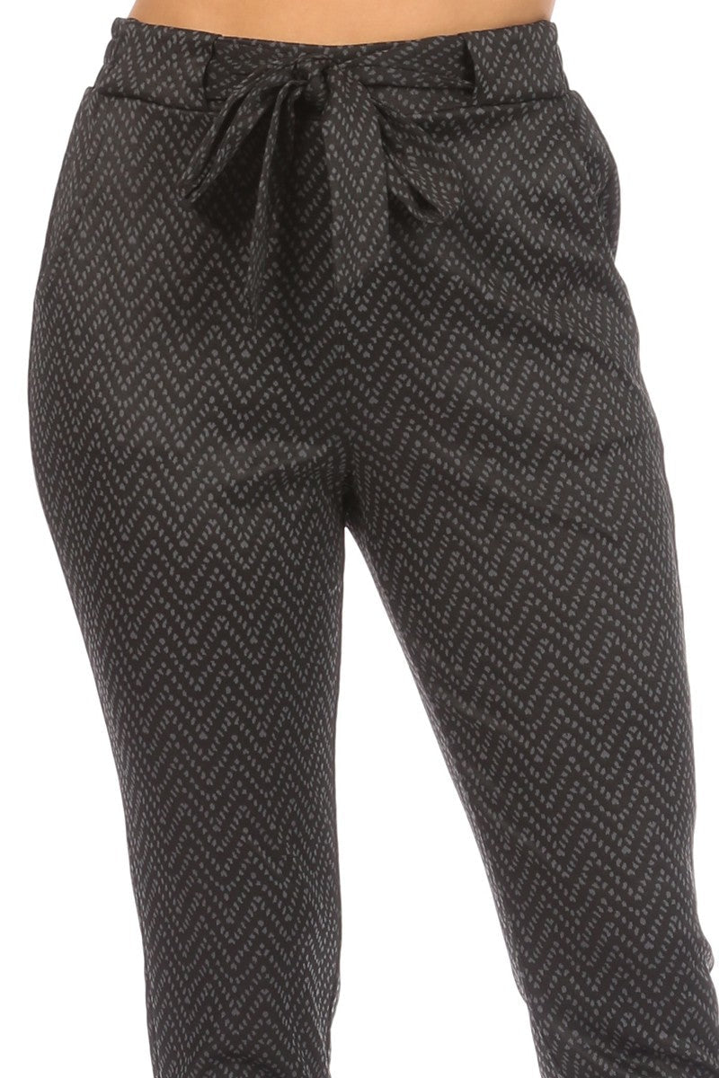 Wholesale Womens High Waist Slim Fit Pants With Waist Tie & Pockets - Black & Gray Chevron