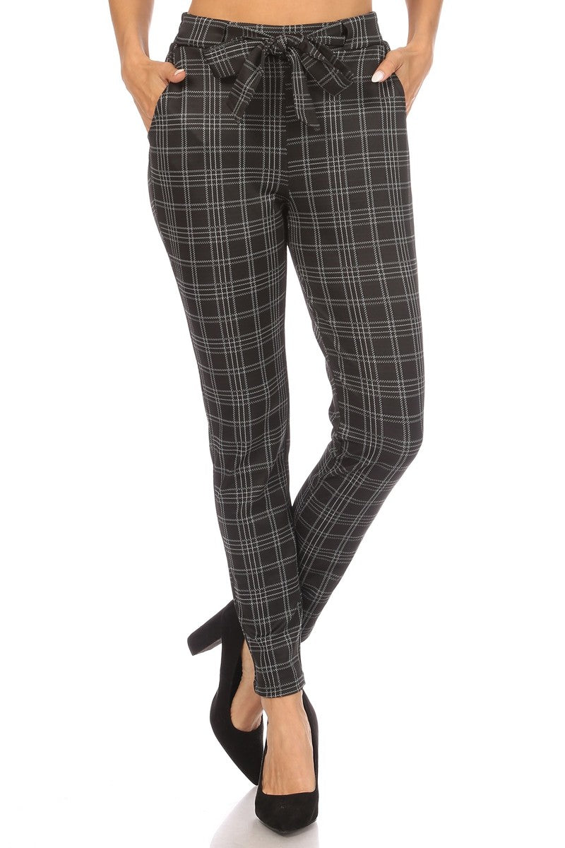 Wholesale Womens High Waist Slim Fit Pants With Waist Tie & Pockets - Black & White Plaid