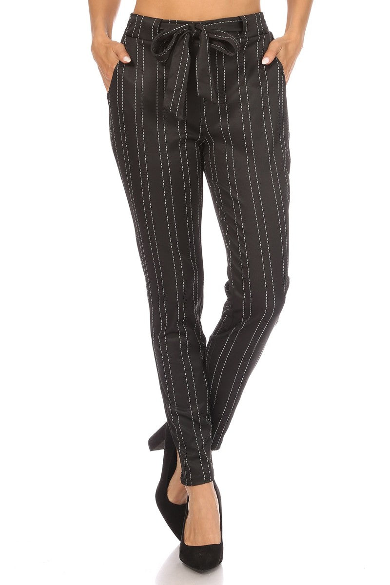 Wholesale Womens High Waist Slim Fit Pants With Waist Tie & Pockets - Black, White Stripes