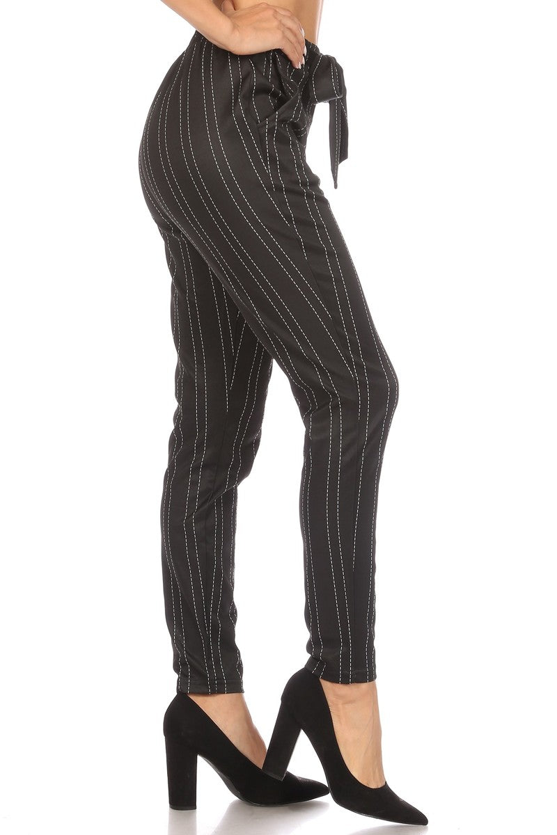 Wholesale Womens High Waist Slim Fit Pants With Waist Tie & Pockets - Black, White Stripes