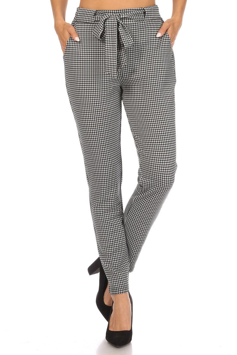 Wholesale Womens High Waist Slim Fit Pants With Waist Tie & Pockets - White & Black Plaid Houndstooth Print