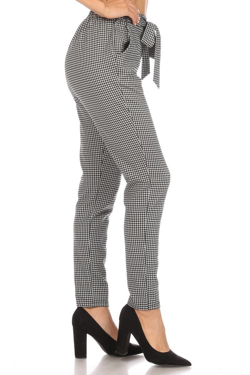 Wholesale Womens High Waist Slim Fit Pants With Waist Tie & Pockets - White & Black Plaid Houndstooth Print