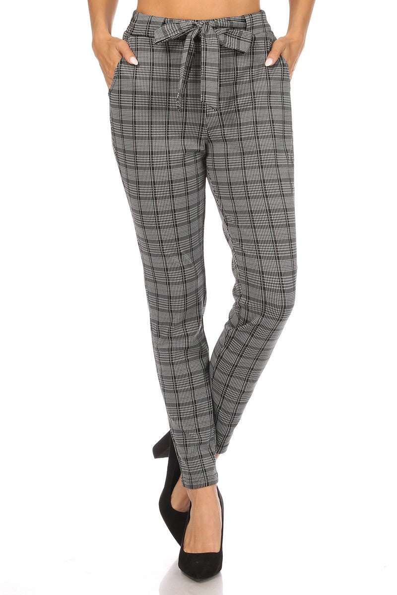 Wholesale Womens High Waist Slim Fit Pants With Waist Tie & Pockets - White & Black Plaid