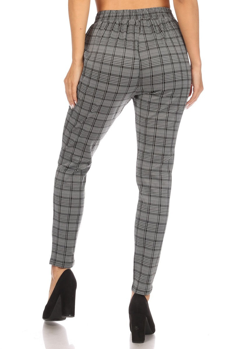 Wholesale Womens High Waist Slim Fit Pants With Waist Tie & Pockets - White & Black Plaid