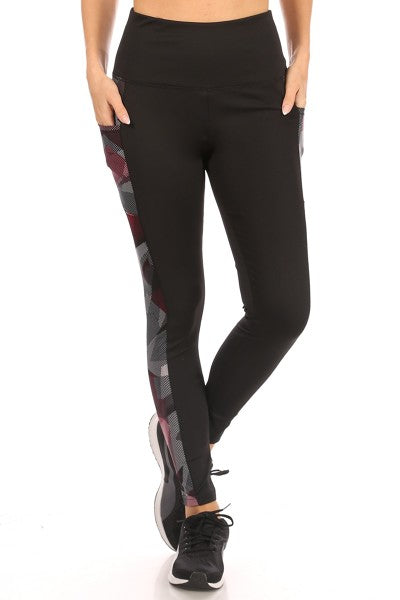 Wholesale Womens High Waist Tummy Control Sports Leggings With Contrast Side Phone Pockets - Black & Burgundy Geo