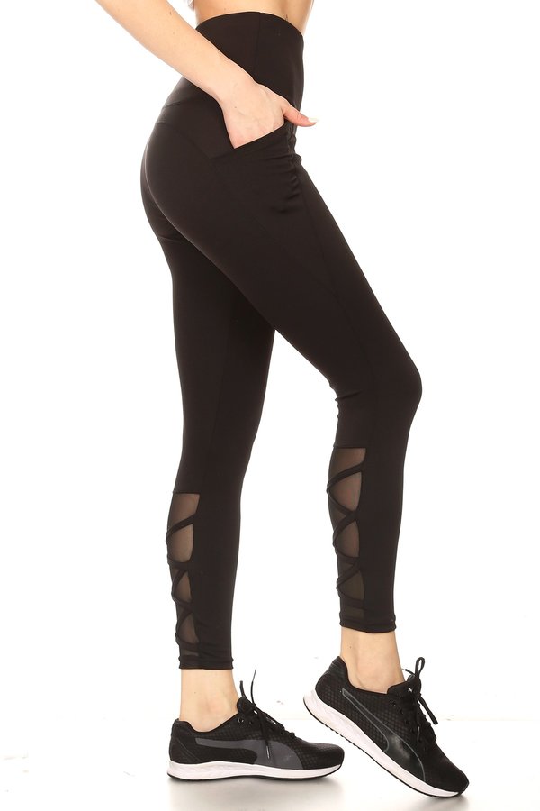 Wholesale Womens High Waist Tummy Control Sports Leggings With Pockets & Mesh Panels With Crossed Straps - Black