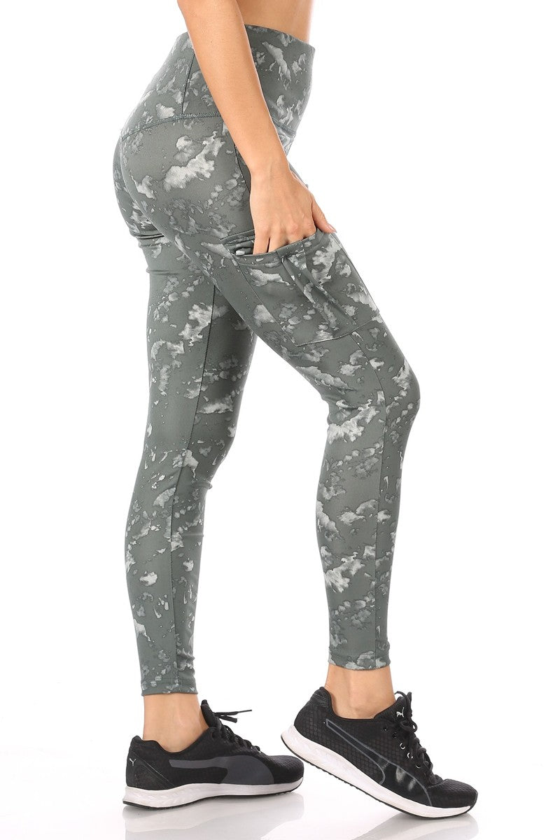 Wholesale Womens High Waist Tummy Control Sports Leggings With Side Cargo Pockets - Sage Tie Dye