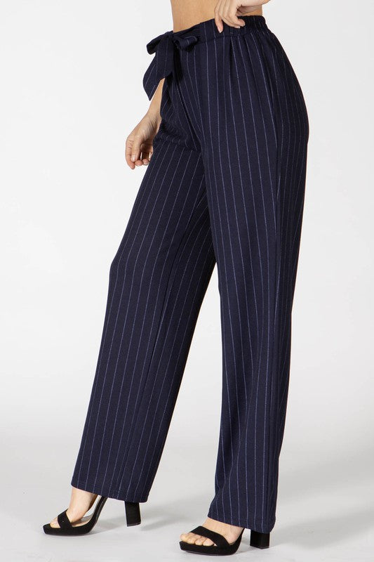 Wholesale Womens Knit Crepe Straight Leg Pants With Waist Tie - Navy, White Stripes