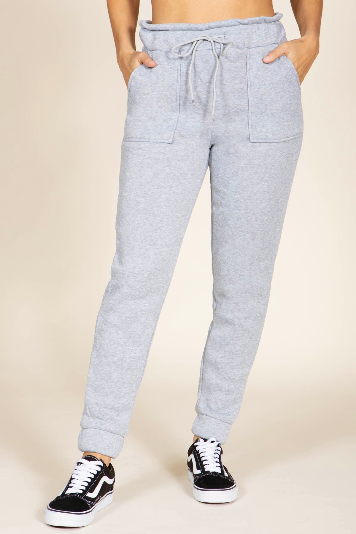 Wholesale Womens Paperbag Waist Fleece Lined Sweatpants - Light Heather Gray