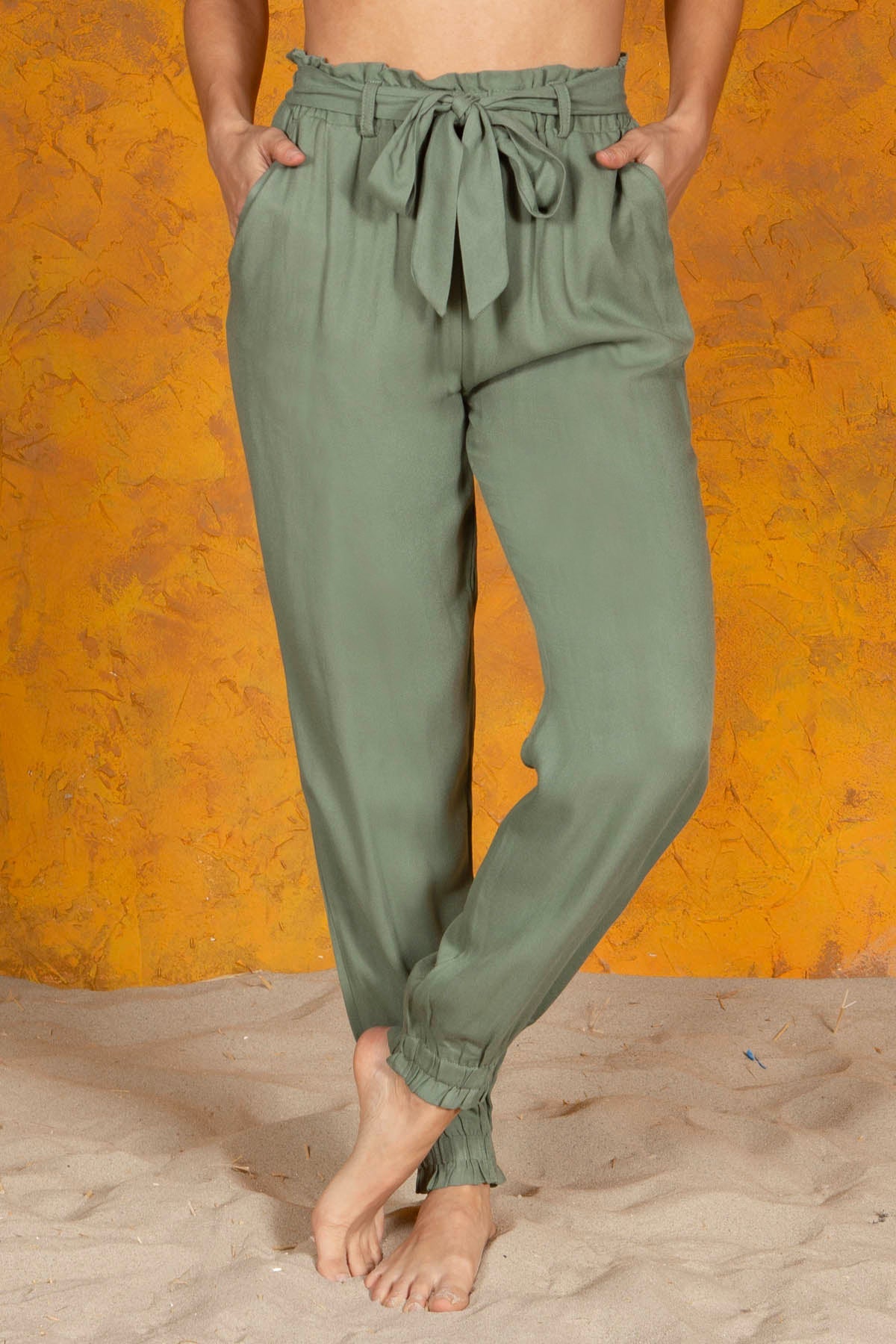 Wholesale Womens Paperbag Waist Loose Fit Pants With Self Tie And Pockets - Green