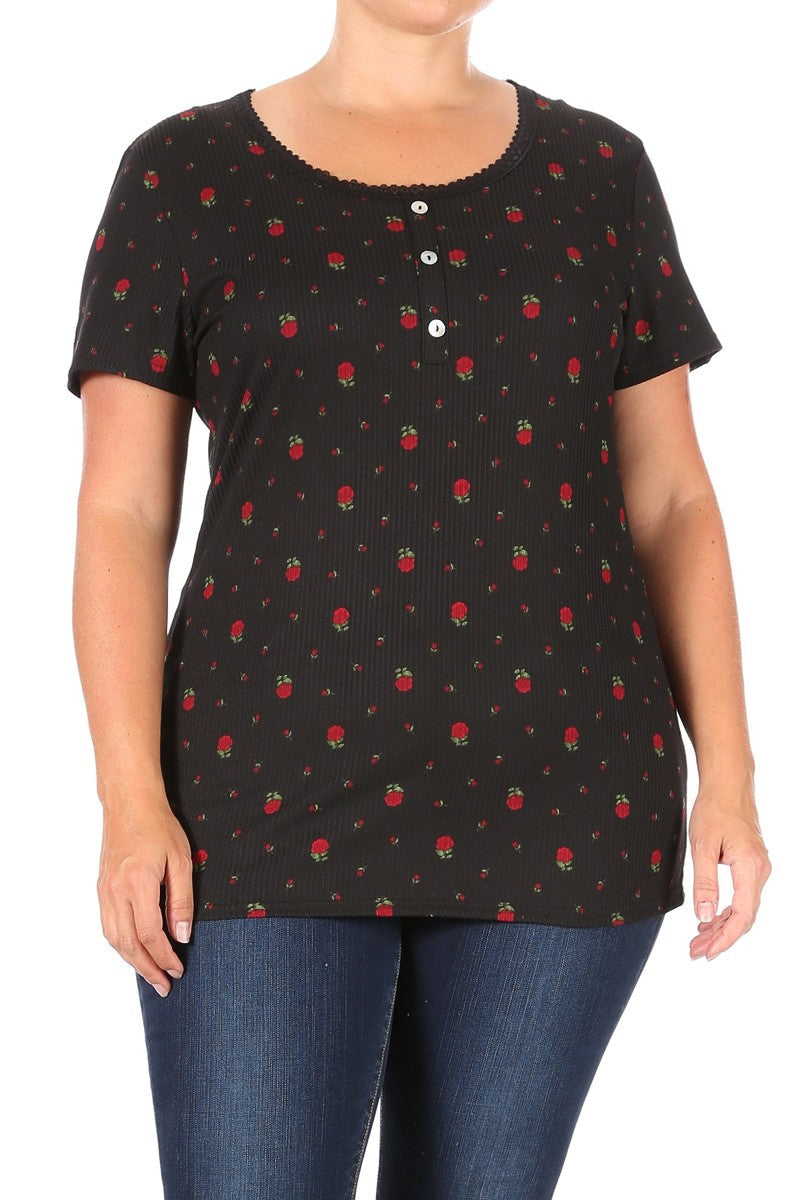 Wholesale Womens Plus Size Lace Trim Ribbed Henley T-Shirt Top - Red Roses