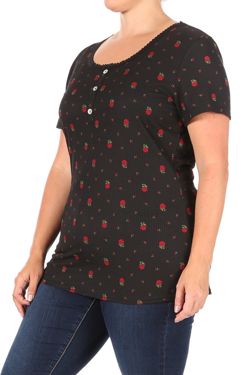 Wholesale Womens Plus Size Lace Trim Ribbed Henley T-Shirt Top - Red Roses