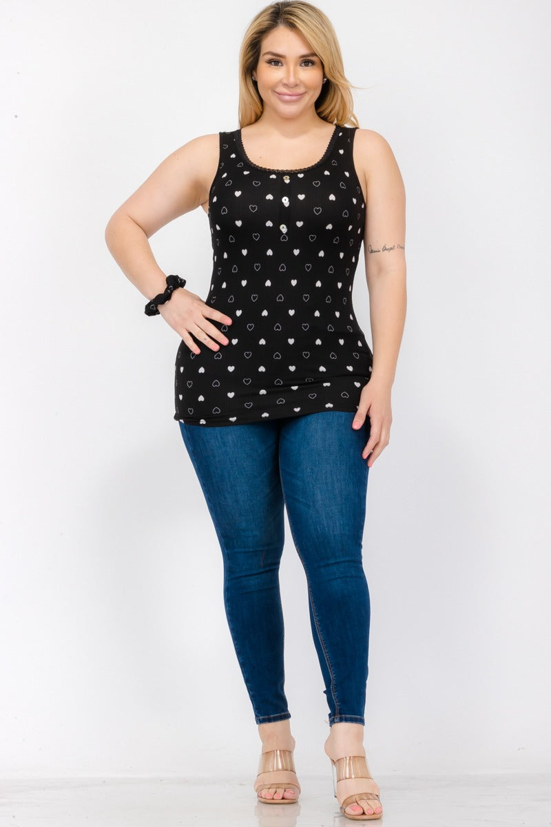 Wholesale Womens Plus Size Ribbed Knit Henley Tank Tops With Lace Trim - Black & White Hearts