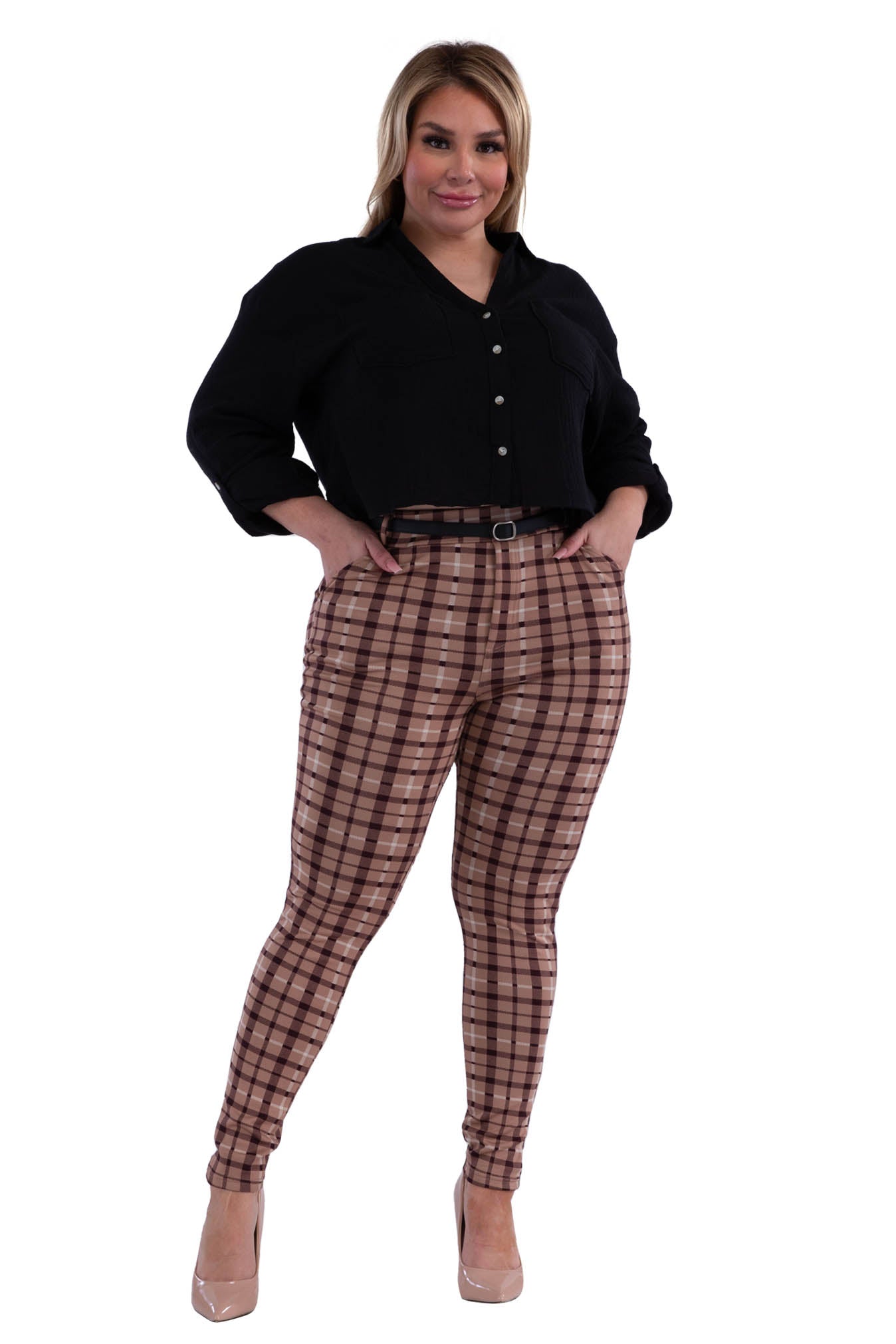 Wholesale Womens Plus Size Sculpting Treggings With Faux Leather Belt - Beige & Brown Plaid