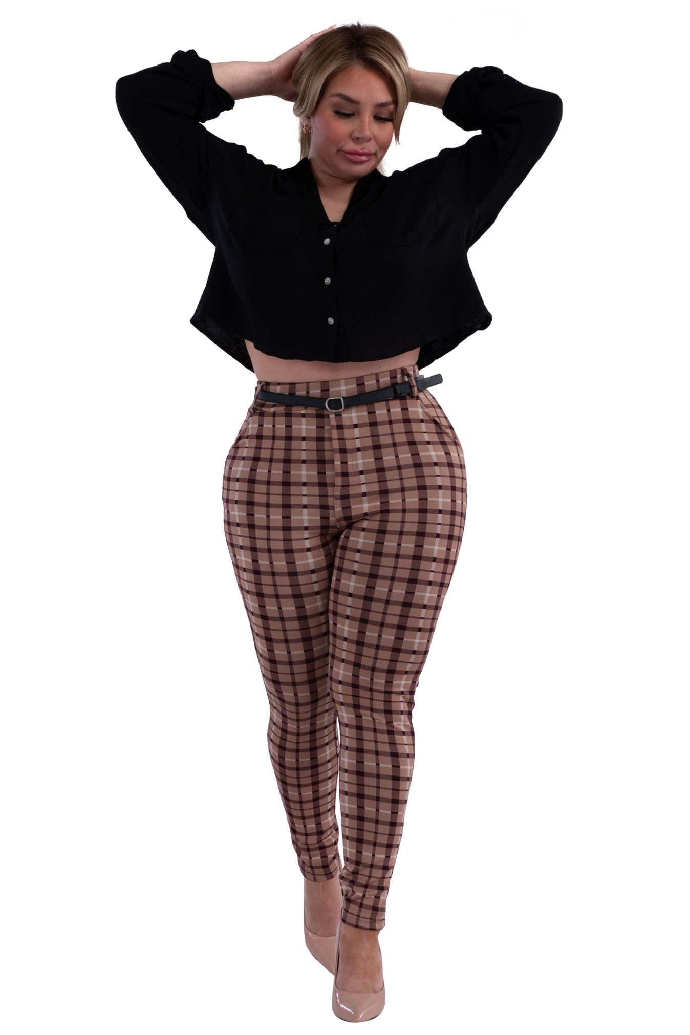 Wholesale Womens Plus Size Sculpting Treggings With Faux Leather Belt - Beige & Brown Plaid