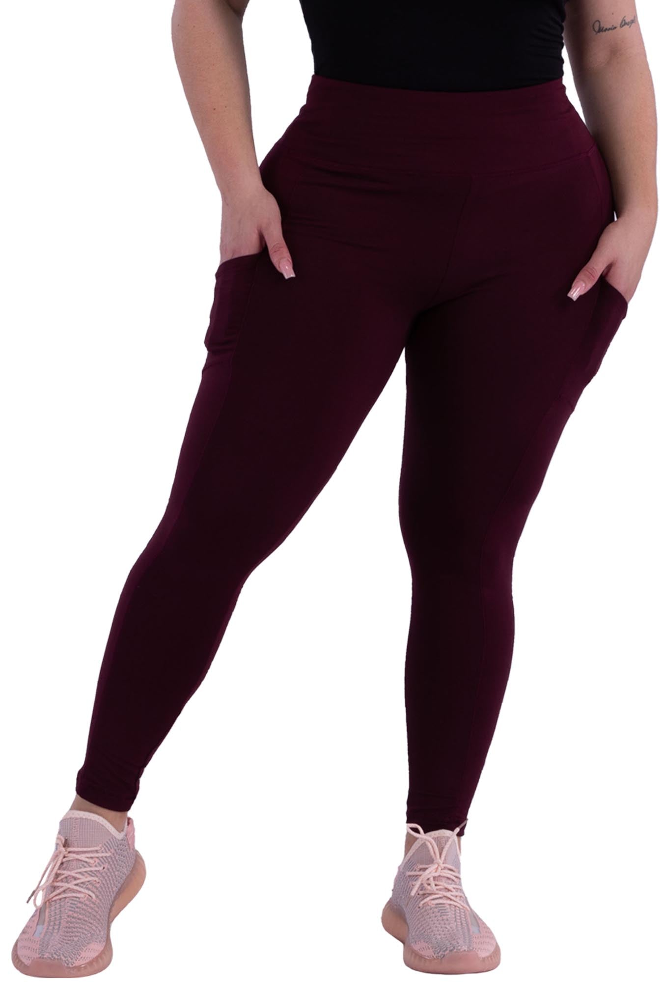 Wholesale Womens Plus Size Solid Fleece Lined Sports Leggings With Side Pockets - Burgundy