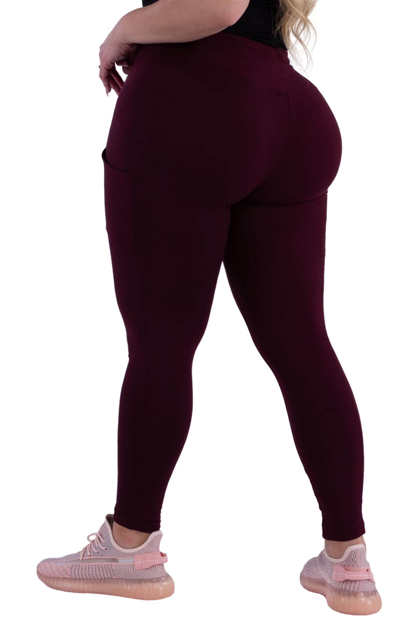 Wholesale Womens Plus Size Solid Fleece Lined Sports Leggings With Side Pockets - Burgundy