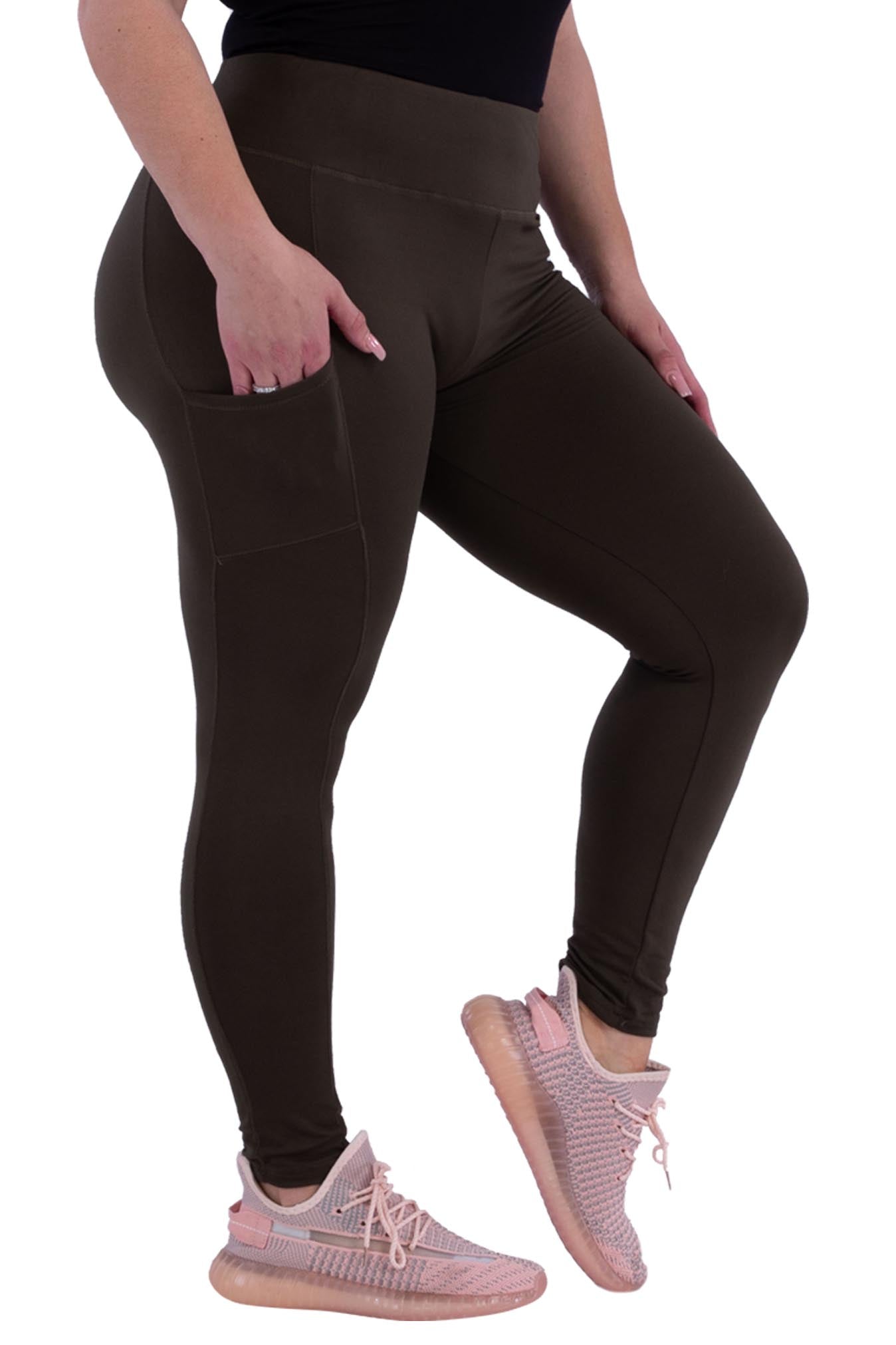 Wholesale Womens Plus Size Solid Fleece Lined Sports Leggings With Side Pockets - Olive