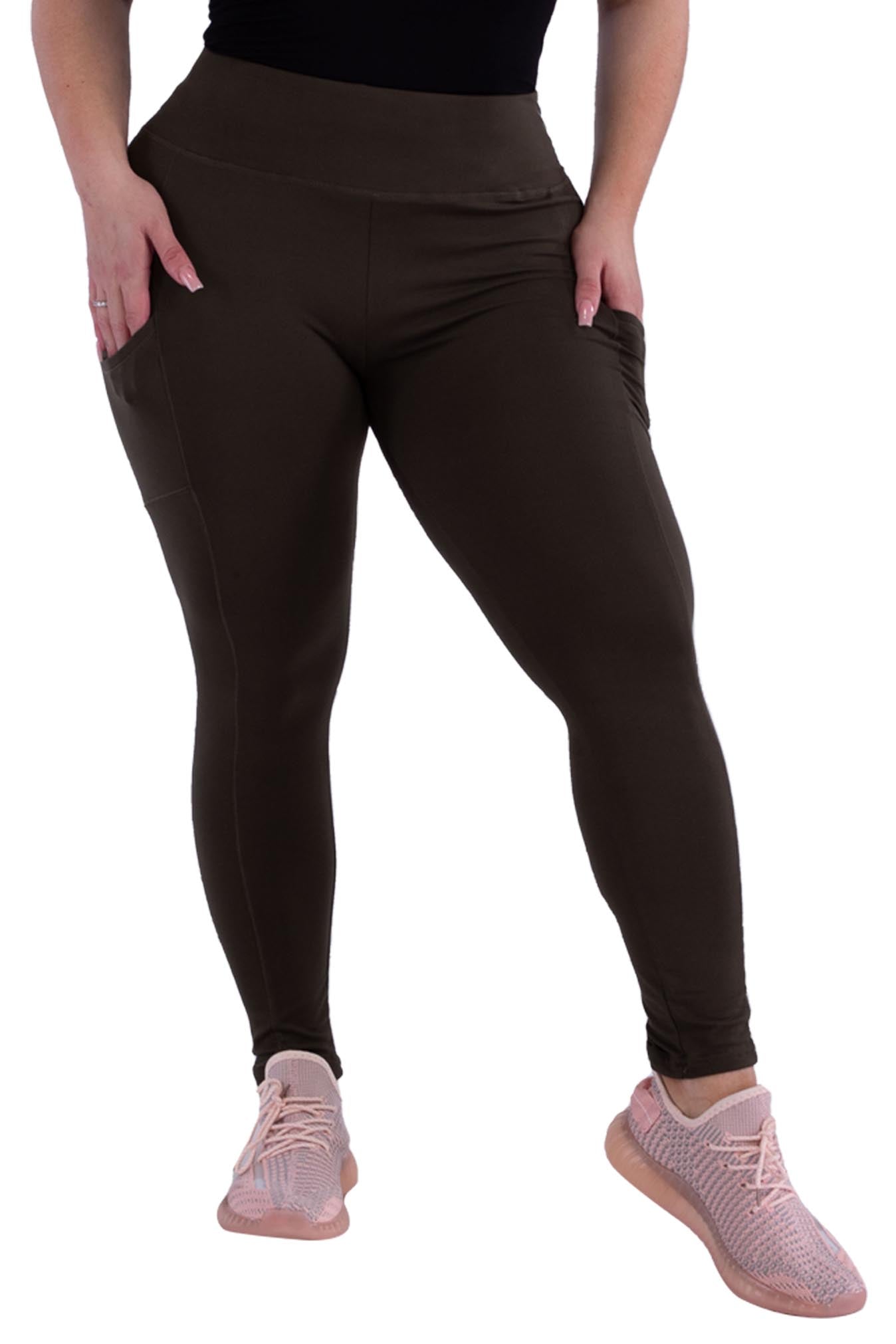 Wholesale Womens Plus Size Solid Fleece Lined Sports Leggings With Side Pockets - Olive