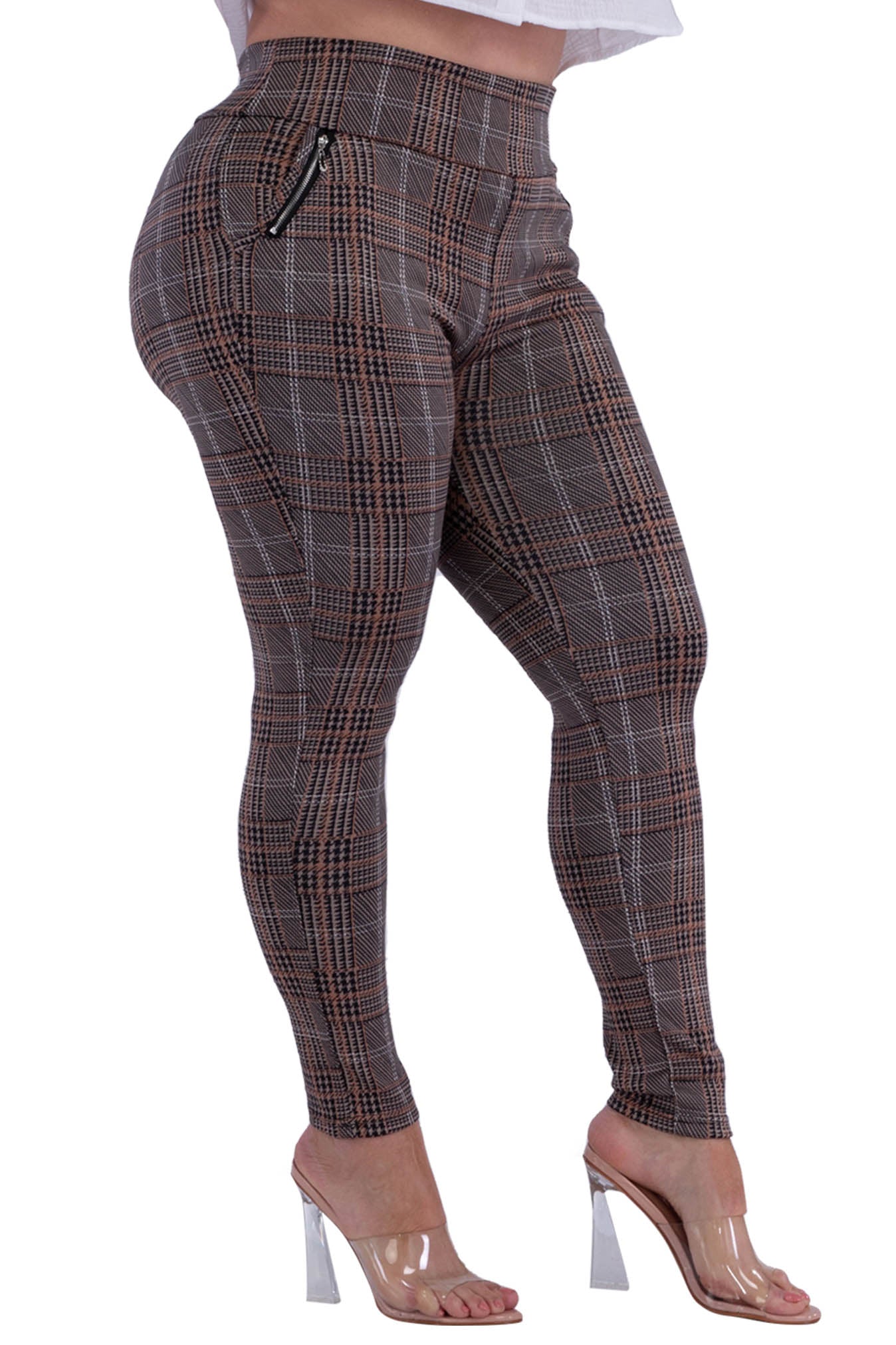 Wholesale Womens Plus Size Treggings With Zipper Pocket Trim - Black & Khaki Plaid