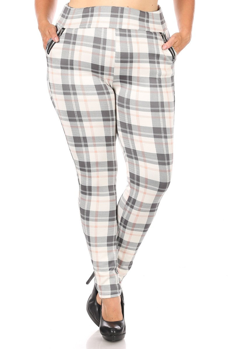 Wholesale Womens Plus Size Treggings With Zipper Pocket Trim - Cream & Sage Plaid