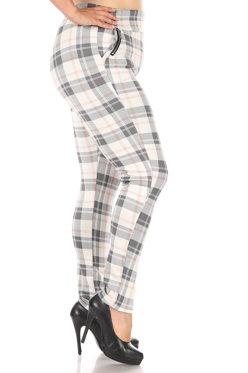 Wholesale Womens Plus Size Treggings With Zipper Pocket Trim - Cream & Sage Plaid