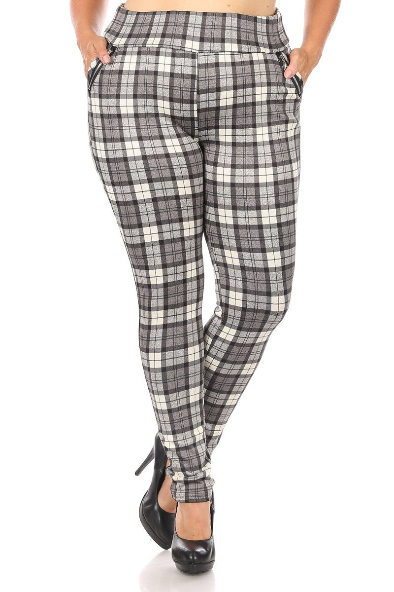 Wholesale Womens Plus Size Treggings With Zipper Pocket Trim - Gray & White Plaid