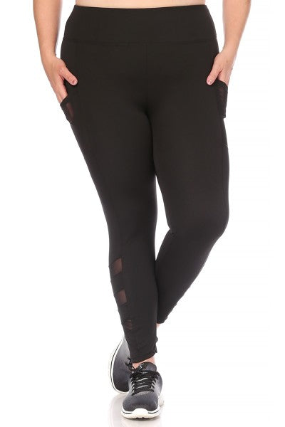 Wholesale Womens Plus Size Tummy Control Sculpting Leggings With Pockets & Mesh Panels - Black