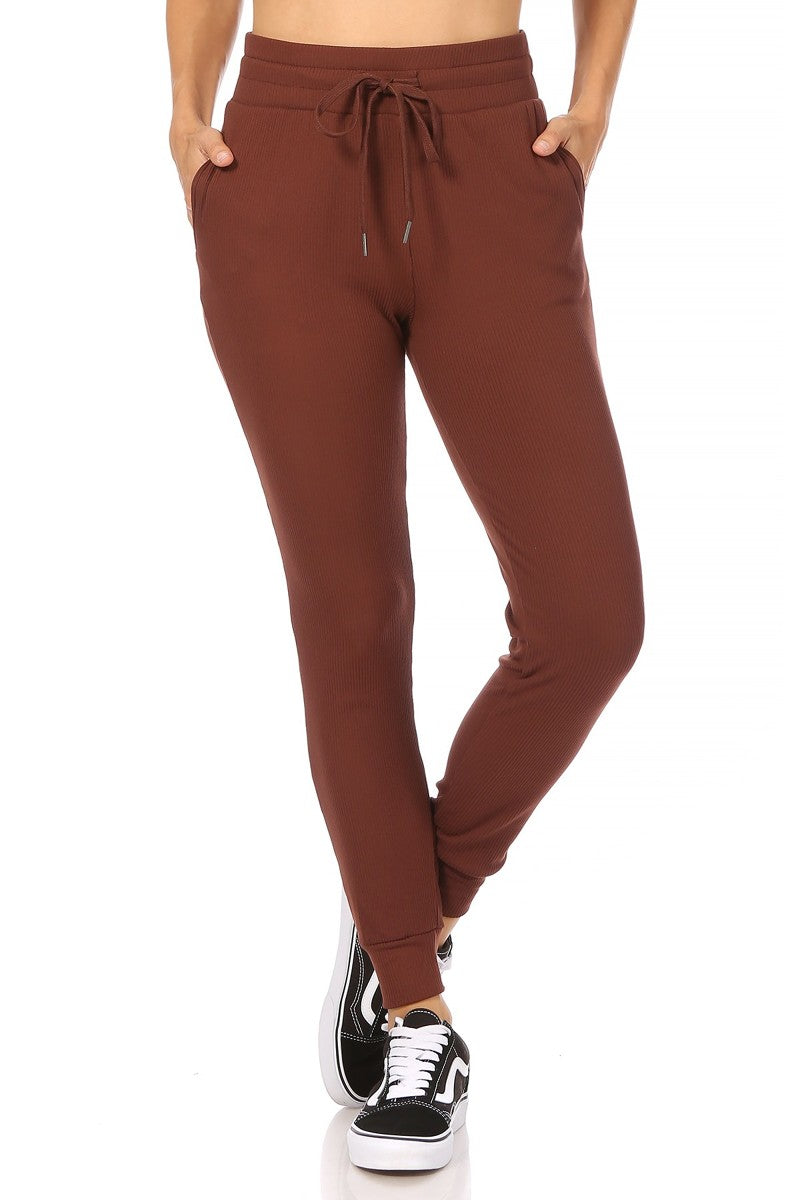 Wholesale Womens Rib Knit Fleece Lined Joggers - Chocolate Brown