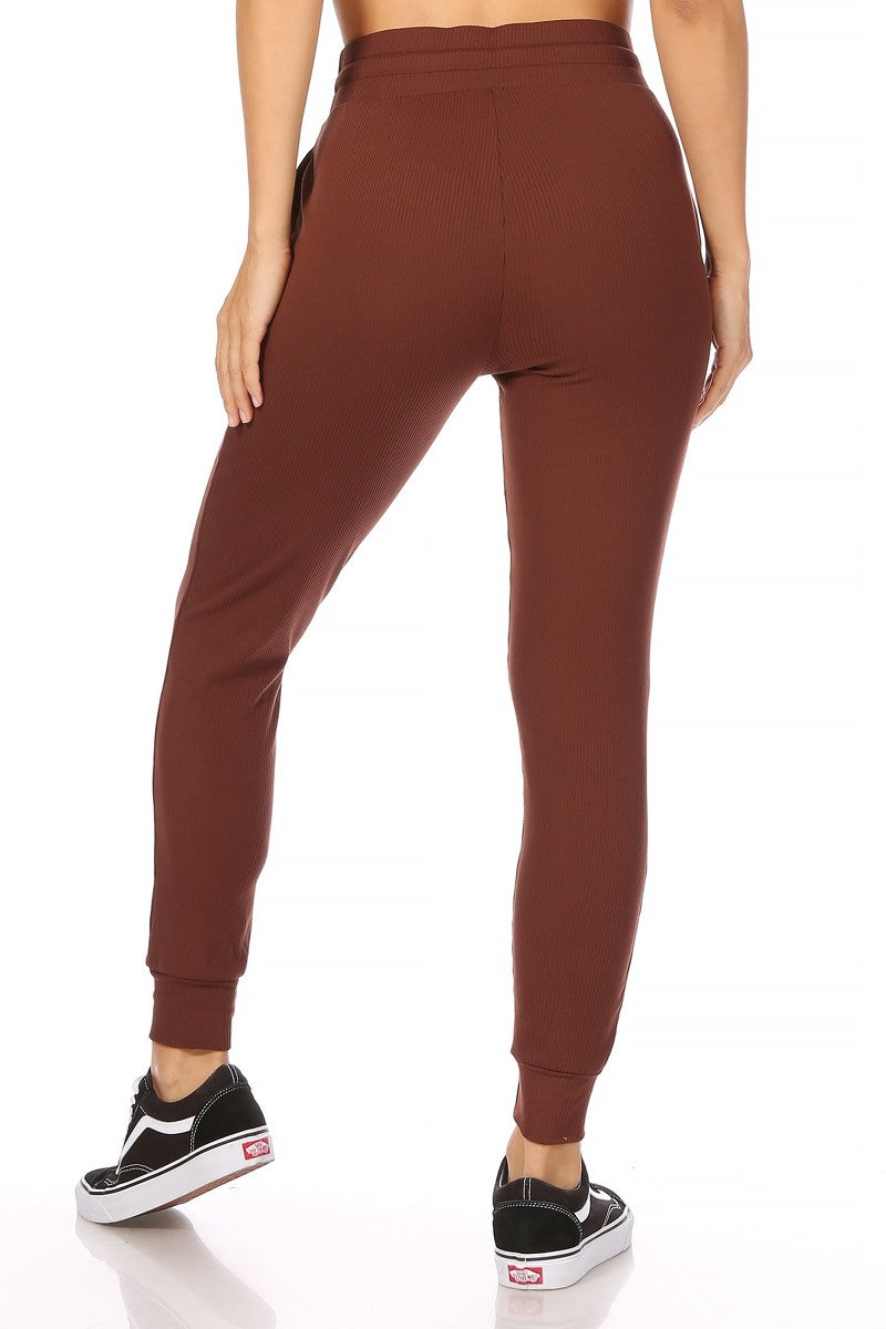 Wholesale Womens Rib Knit Fleece Lined Joggers - Chocolate Brown