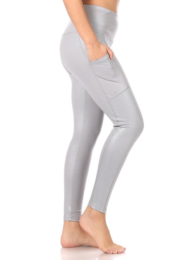 Wholesale Womens Shiny Heat Seal Print High Waist Tummy Control Sports Leggings With Pockets - Grey