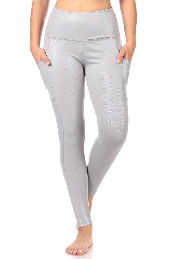 Wholesale Womens Shiny Heat Seal Print High Waist Tummy Control Sports Leggings With Pockets - Grey