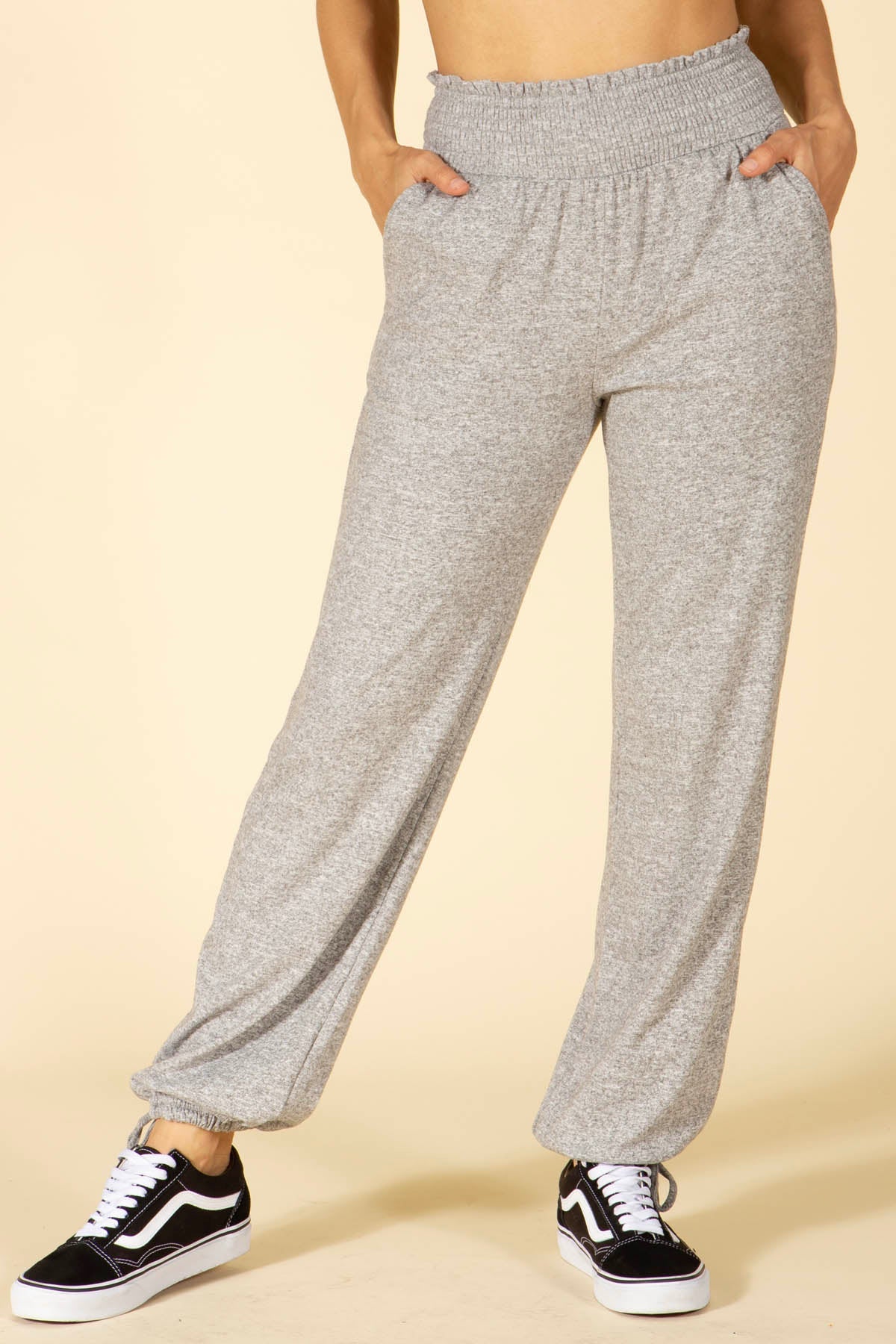 Wholesale Womens Smocked High Waist Joggers With Ruched Drawstring Ankle Detail - Light Heather Gray