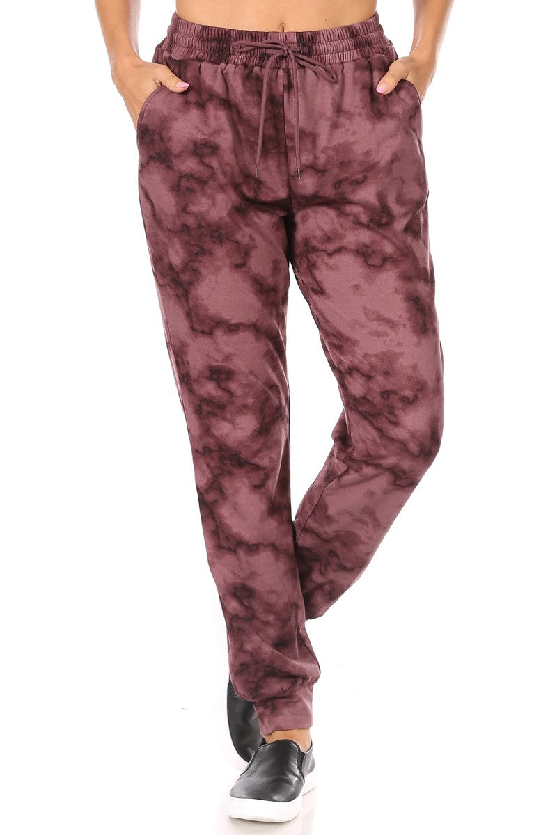 Wholesale Womens Soft Brushed Fleece Lined Sweatpants - Burgundy Tie Dye