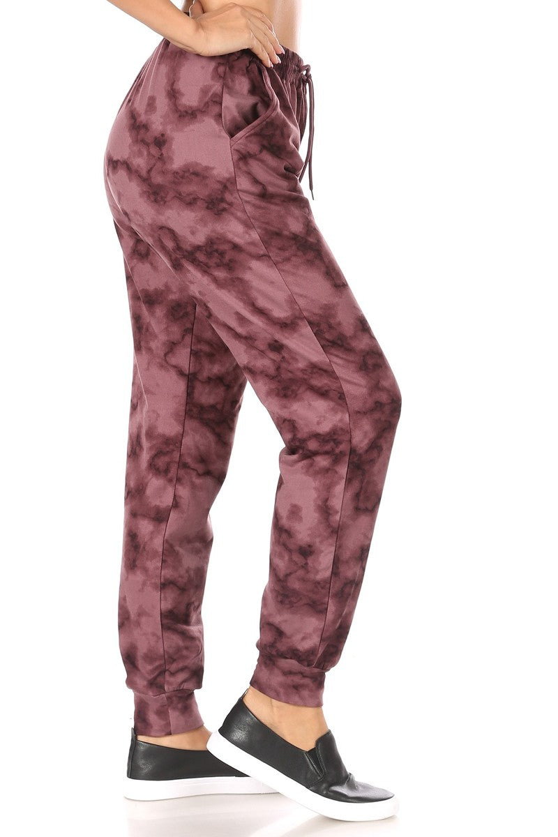 Wholesale Womens Soft Brushed Fleece Lined Sweatpants - Burgundy Tie Dye